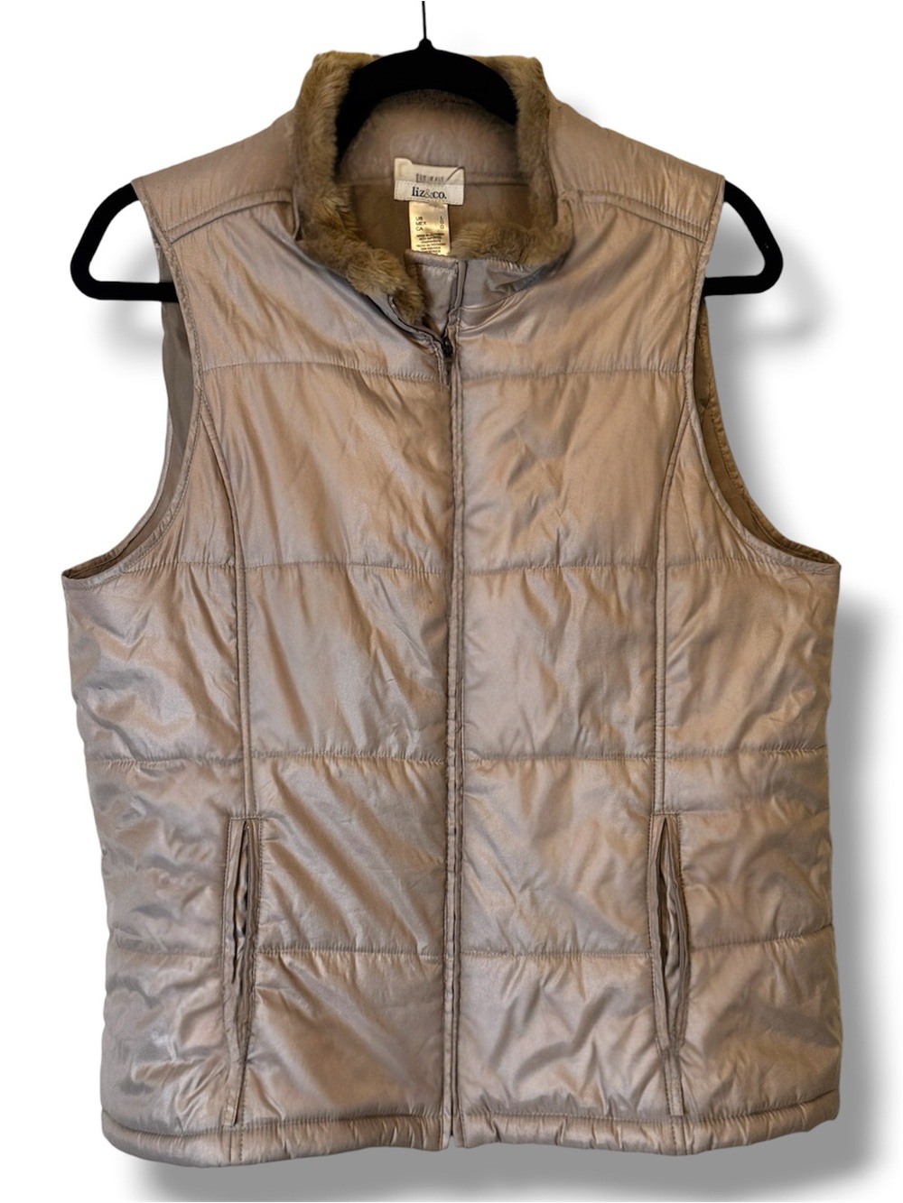 Liz Claiborne Taupe Quilted Vest with Faux-Fur Collar large